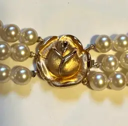 3 Strand Faux Pearl Necklace w/ Gold Rose Clasp