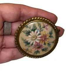 Antique Limoges Handpainted Porcelain Floral Brooch Gold Plated Brass 2”