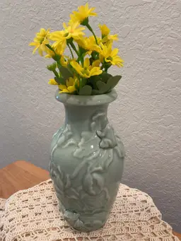 Light Green Glaze Vase 9” Featuring Frogs