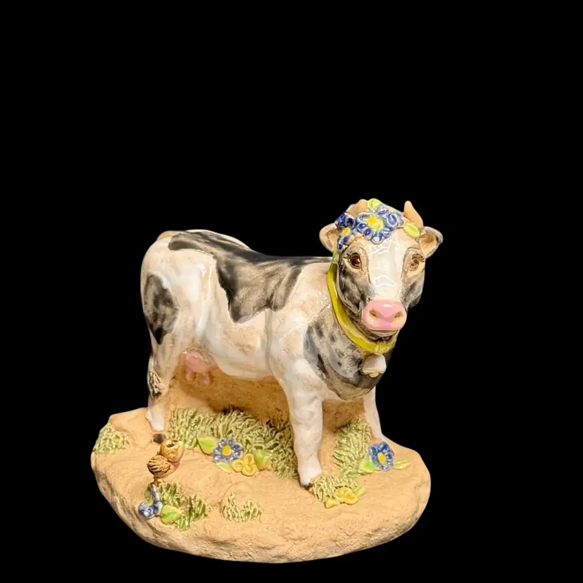 Vintage Cow Figurine Hand Painted Pottery Cow Bird Multi Color Flowers Cottage Core Country Decor
4”T x 4-1/2” L x 3-3/4” W