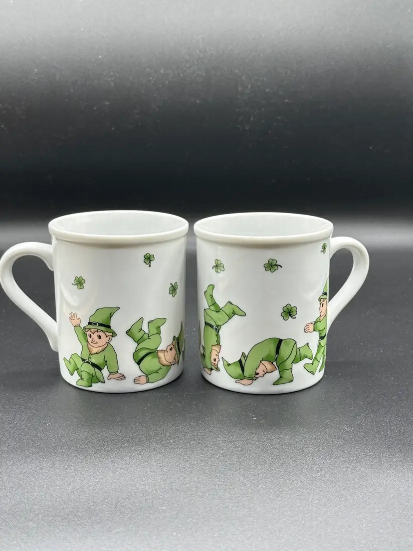 2-Erin Go Bragh Porcelain Cup/Mug-Tumbling Irish Leprachauns-Shamrocks-St Patrick