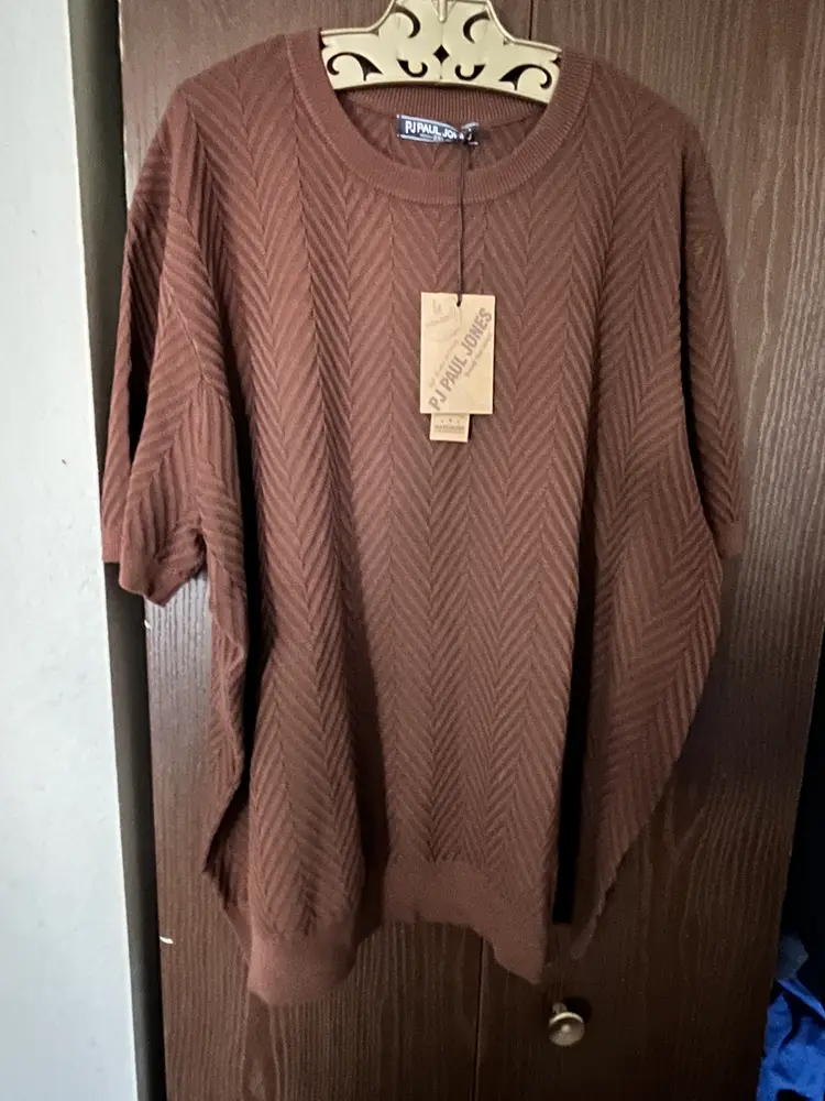 PJ PAUL JONES Mens 2XL Brown Herringbone Knit Crewneck Sweater Shirt Stretch NEW