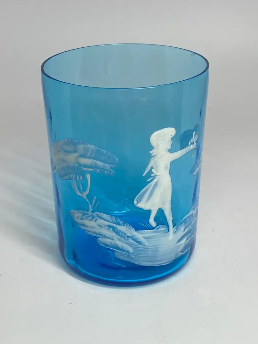Antique Blue Mary Gregory Style Bohemian Glass Tumbler, 3.75" Tall