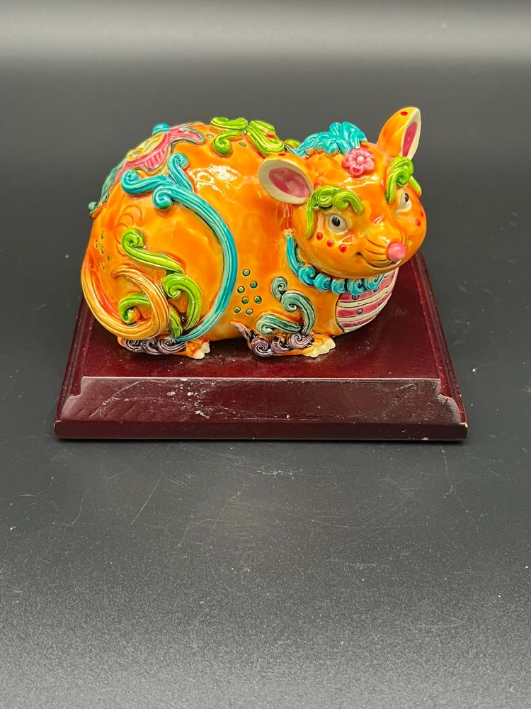 Hand-Painted Ceramic Rat Figurine on Wood Base - Zodiac Decor, Artisan Folk Art