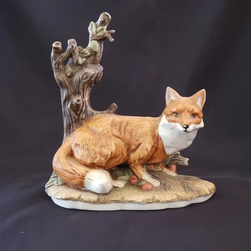 Handpainted Ceramic Fox Figurine Crouching Beside Tree Artist Sticker 7" Long