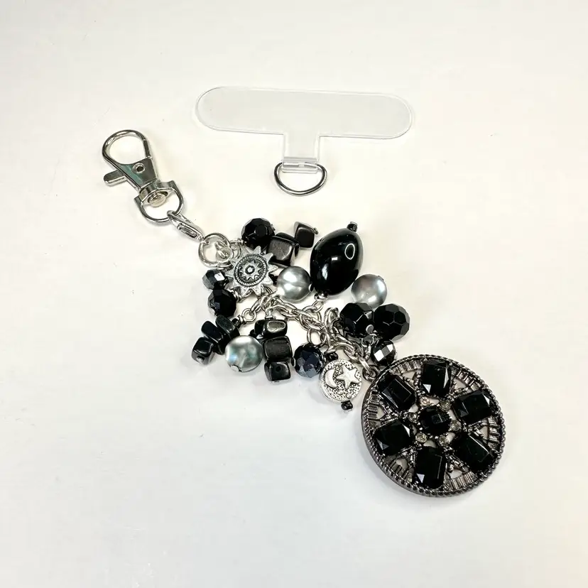 Black Medallion Beaded Phone Purse Charm Repurposed Jewelry Made By Me 3.75”L