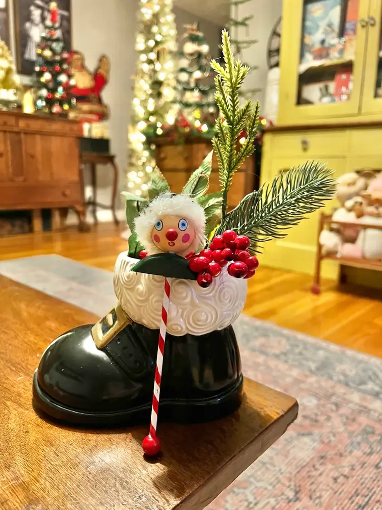 1974 Santa Boot Planter With Ornament And Greenery