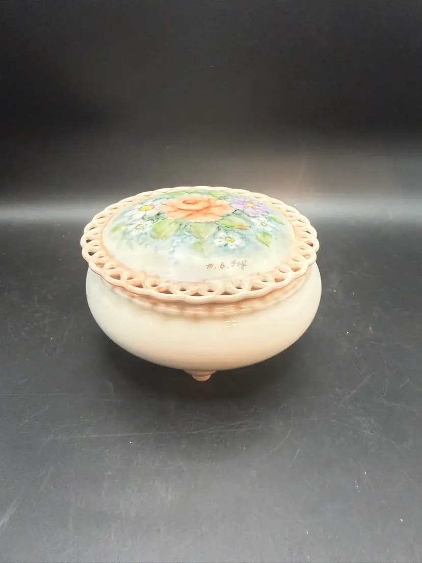 Signed M. B. Fry Hand-Painted Porcelain Trinket Box With Floral Motif And Pierced Rim