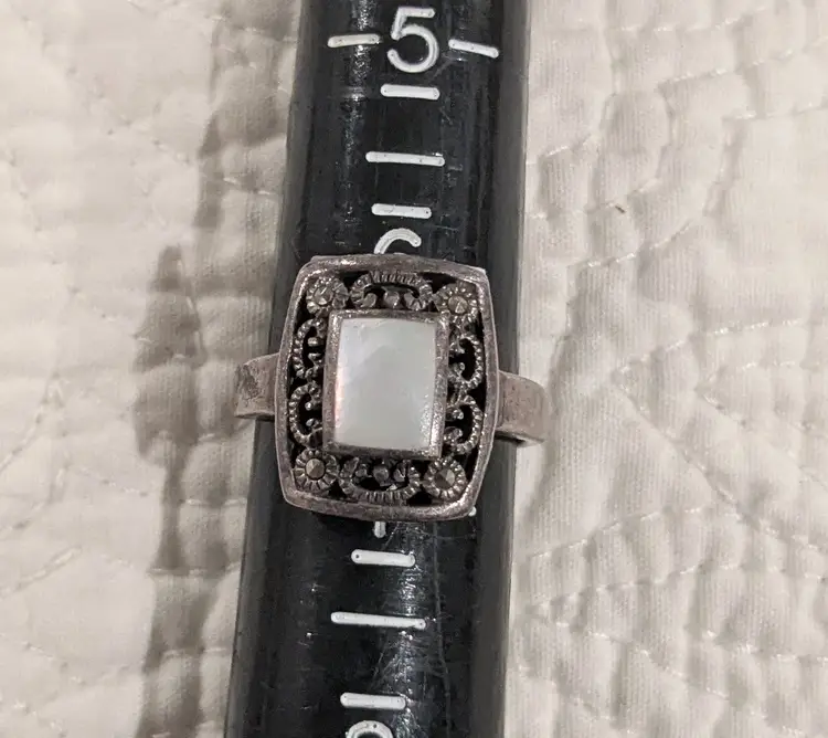 Vintage Sterling Silver Mother of Pearl and Marcasite Rectangular Ring, Size 7
