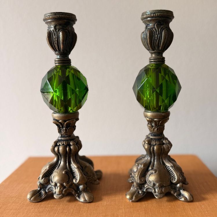 Pair of Mid Century Green Lucite and Brass Candlestick Holders | Hollywood Regency Style Decor