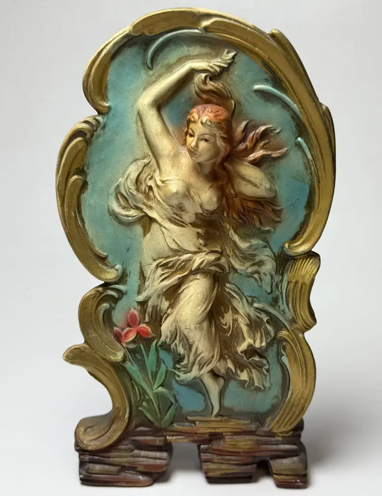 Antique Vintage Art Nouveau Relief Plaster Sculpture Dancing Woman Flowing Hair