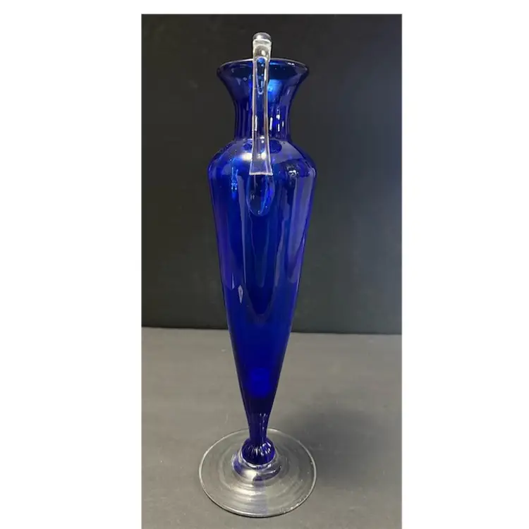 Art Glass Hand Blown Cobalt Blue Vase With Applied Clear Handles Pontil Mark
