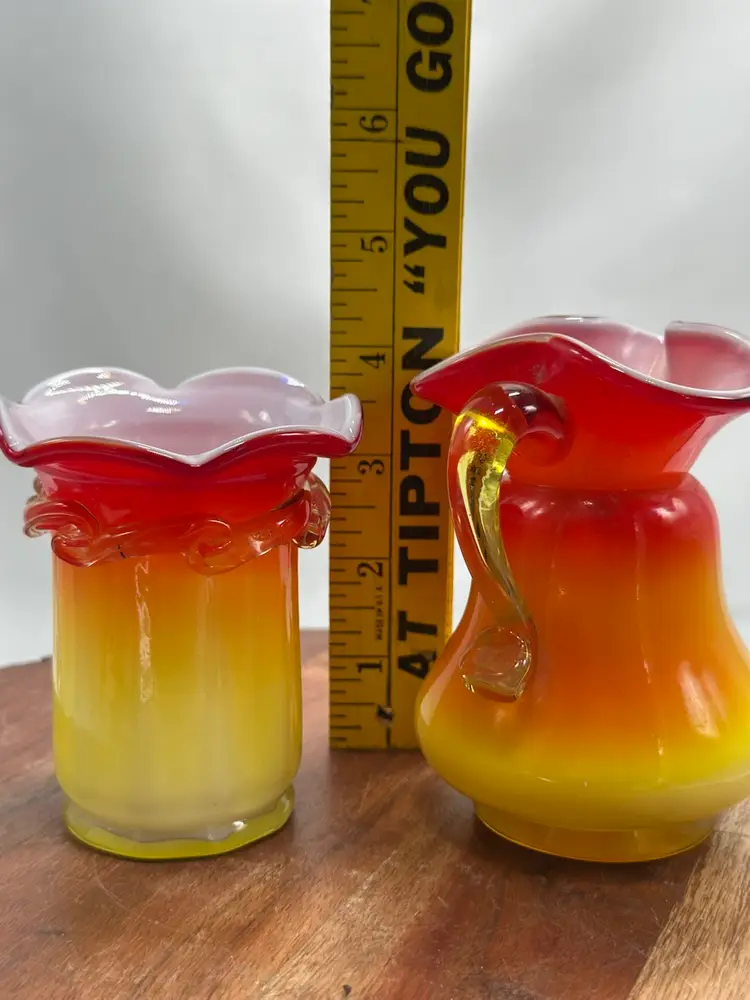 Kanawha Cased Amberina Glass Small Vase & Pitcher Candy Corn UV Glow