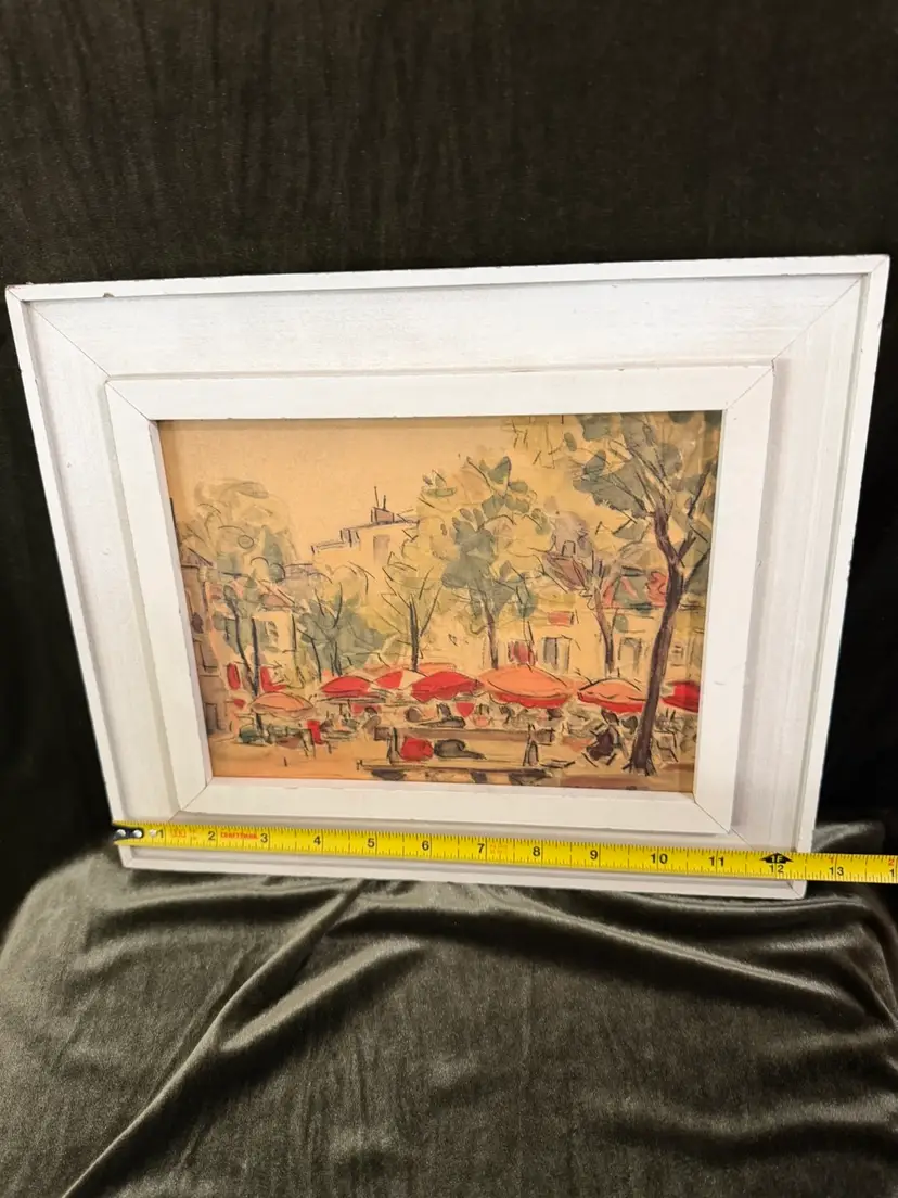 An impressionistic painting of a Parisian market scene with red umbrellas.  1 Of 2 Styles