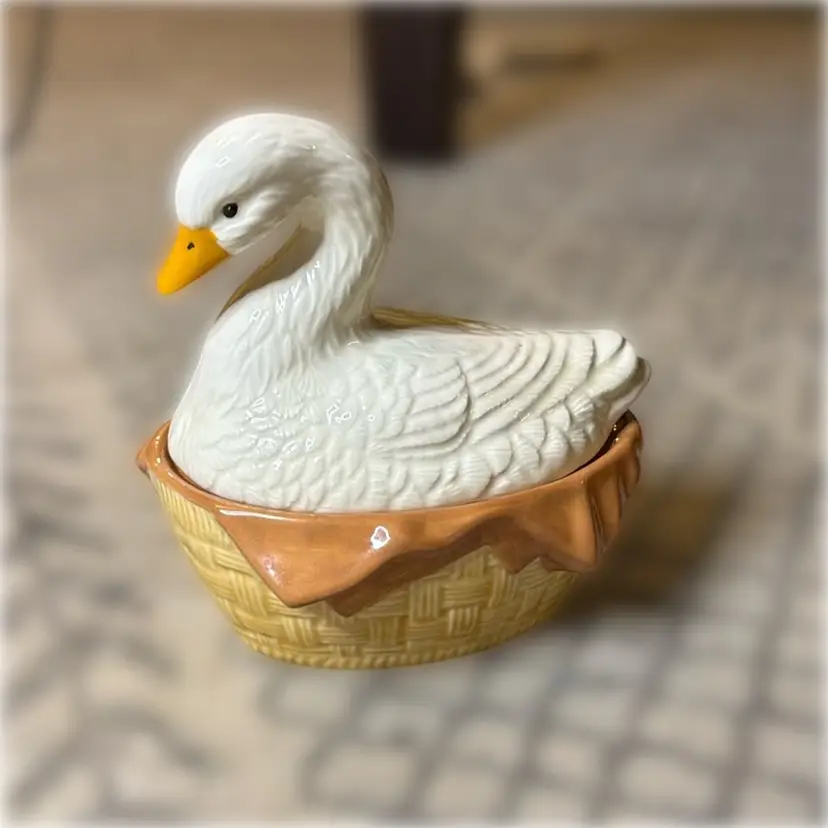 Ceramic Lidded Goose on a Basket - 6” tall, 6.5” long, and 4.5” wide