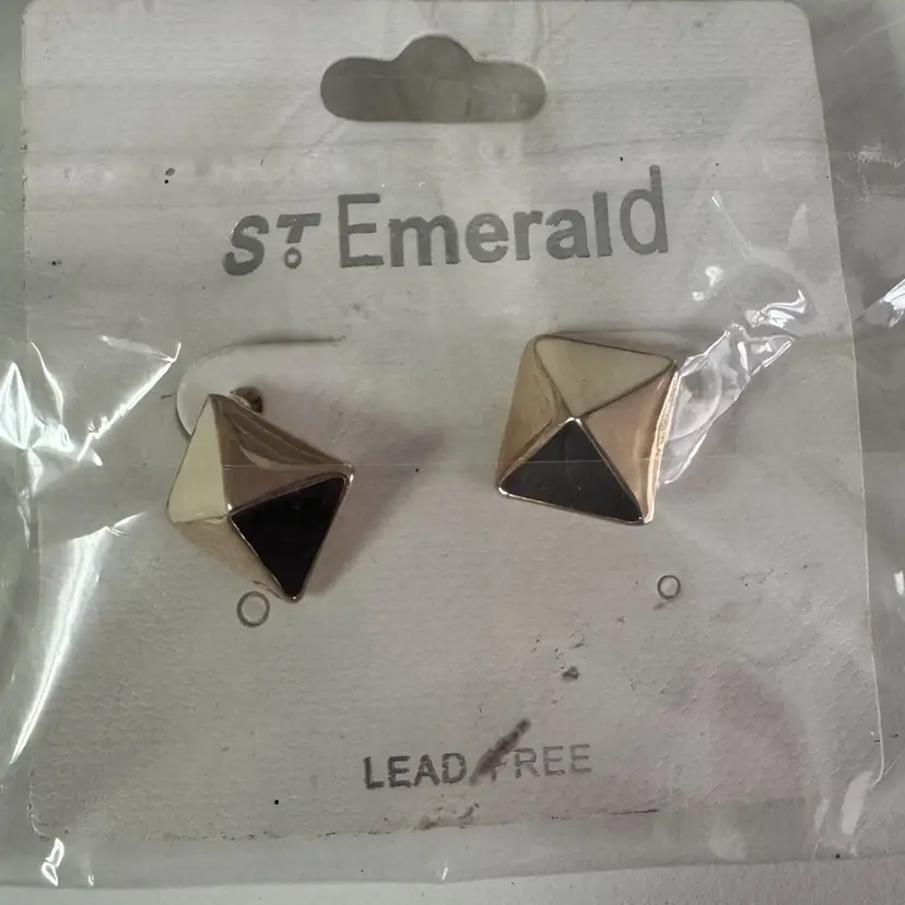 NEW! Post Back Pierced Earrings About 3/4” Gold Tone Metal Black Enamel Square Triangle