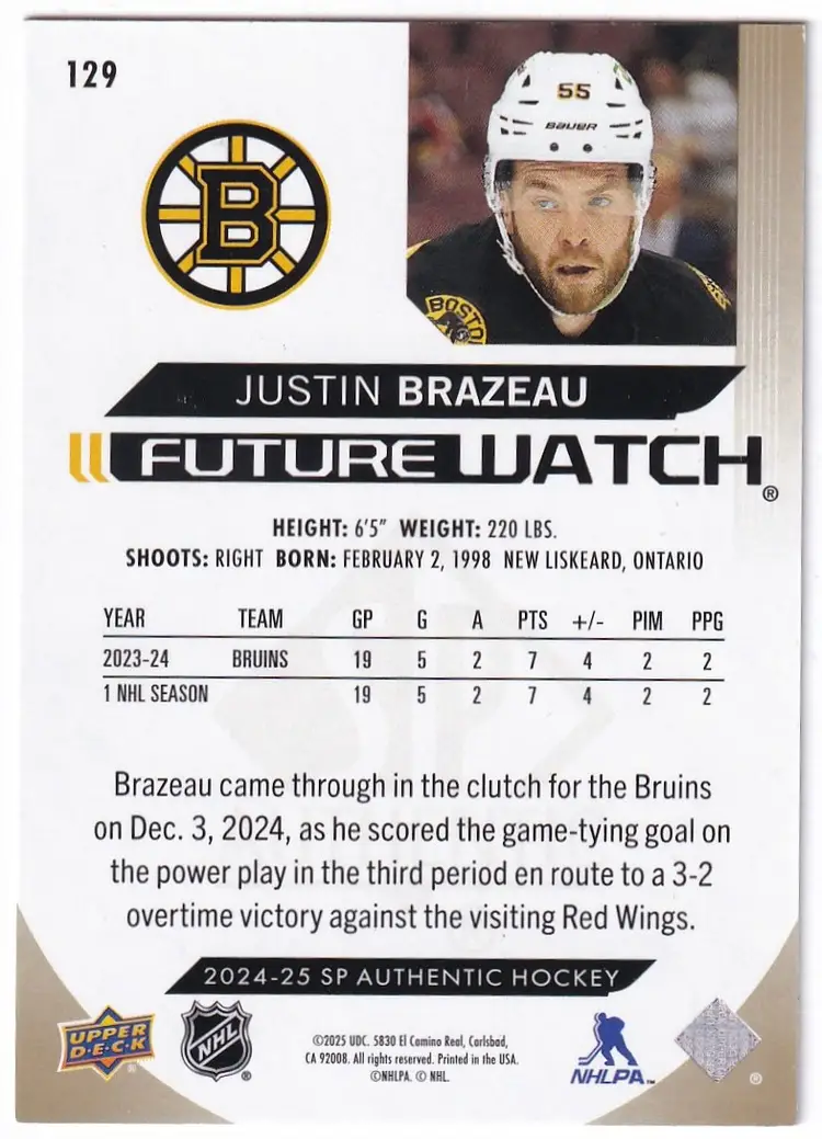 2024-25 SP Authentic Limited Gold #129 Justin Brazeau FW Boston Bruins Hockey Card