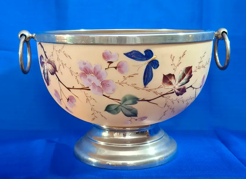 Beautiful Vintage Hand-Painted Glass & Silver Framed Centerpiece Bowl