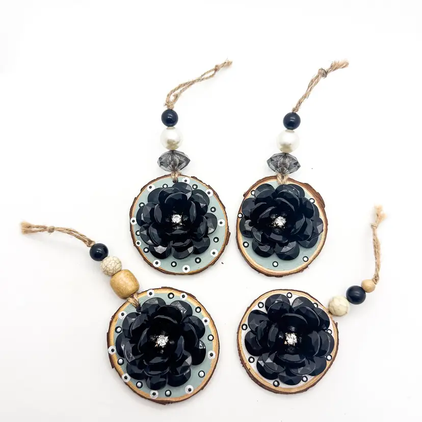 Black Flower Crystal Center Beaded Dot Painting Accent Handmade Ornaments Set of 4 Repurposed Jewelry
