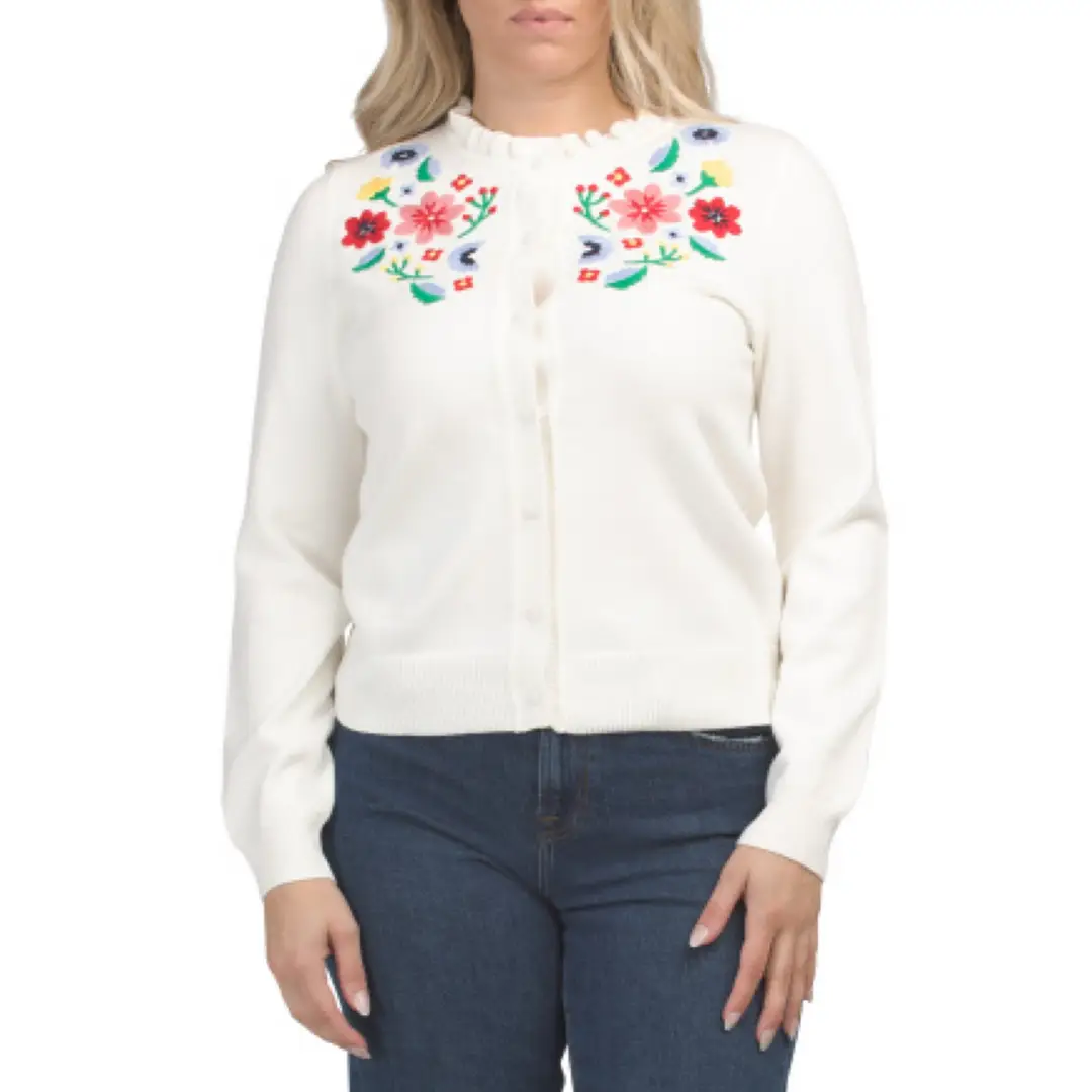 Marled Cream Cardigan With Bright Floral Embroidery