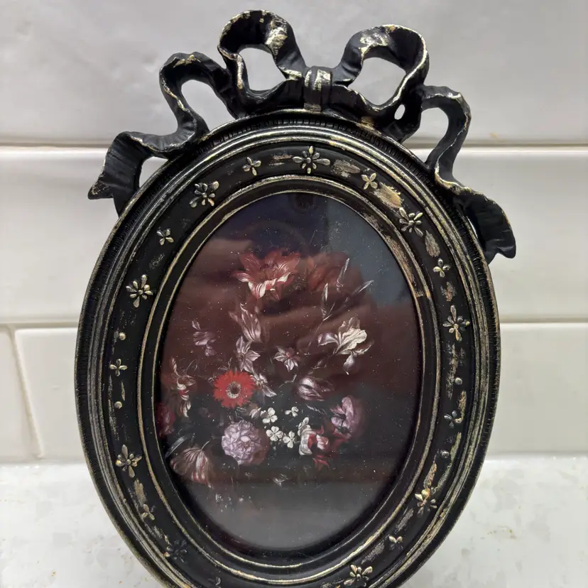 Vintage Oval Black & Gold Picture Frame Bow Top Dutch Floral Print Shabby Chic