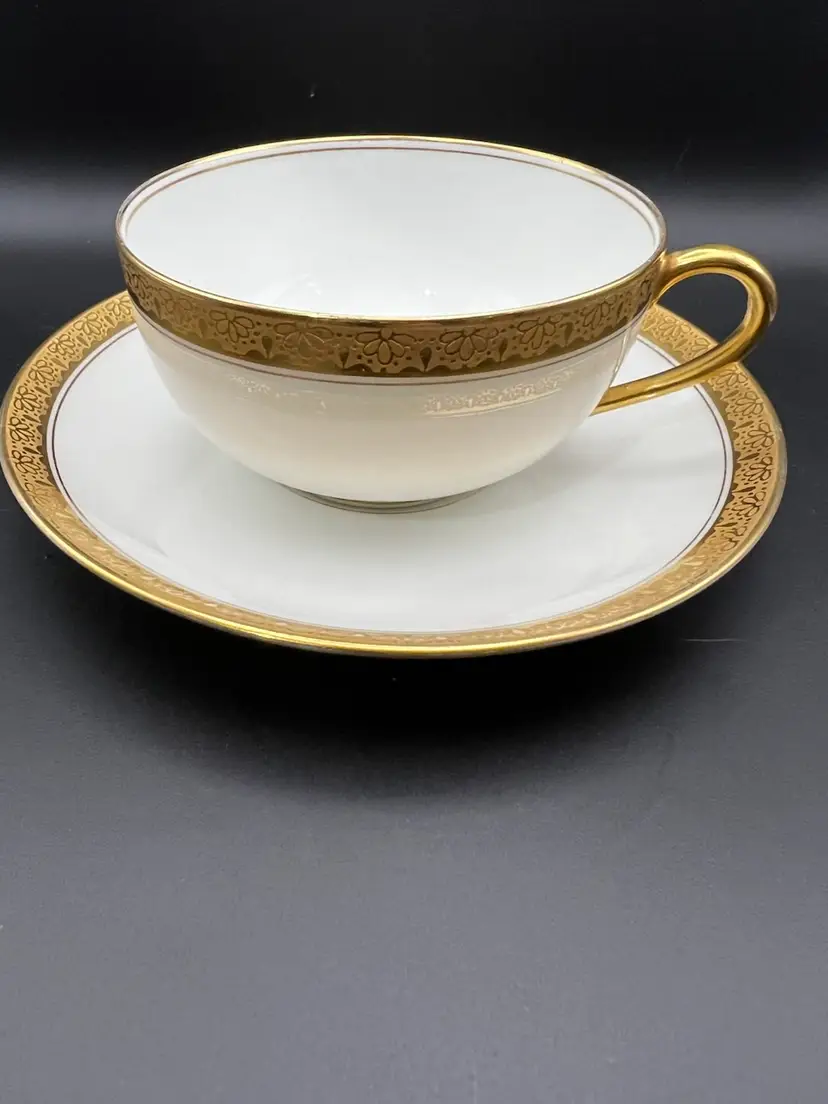 Pair Of Antique Charles Ahrenfeldt Limoges Cups And Saucers White 22kt Gold Trim