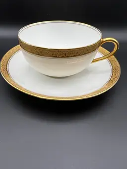Pair Of Antique Charles Ahrenfeldt Limoges Cups And Saucers White 22kt Gold Trim