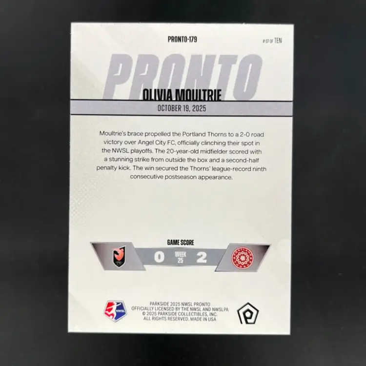 Olivia Moultrie 2025 Parkside Pronto NWSL Silver /10 #179 Portland Thorns Soccer Card