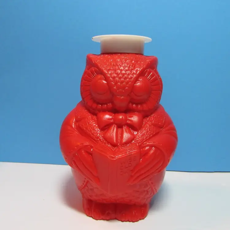 vintage red plastic Wise Old Owl bank Home Savings 7"