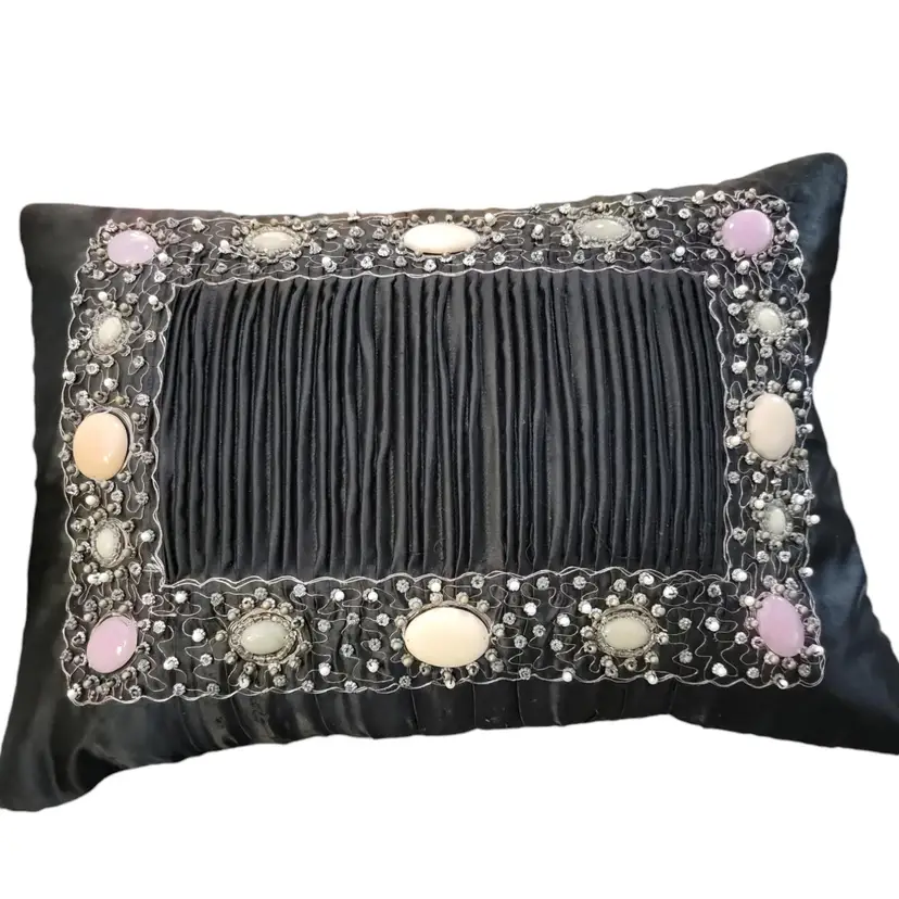 Vintage Bejeweled Black Satin Throw Pillow