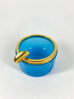 Murano Blue Opaline Glass Ashtray w Gold Metal Rim