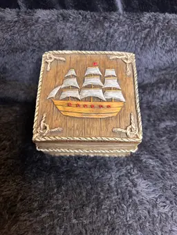 Vintage 1993 Dezine Resin Hand Painted  Trinket Box W/  Sailing Ship