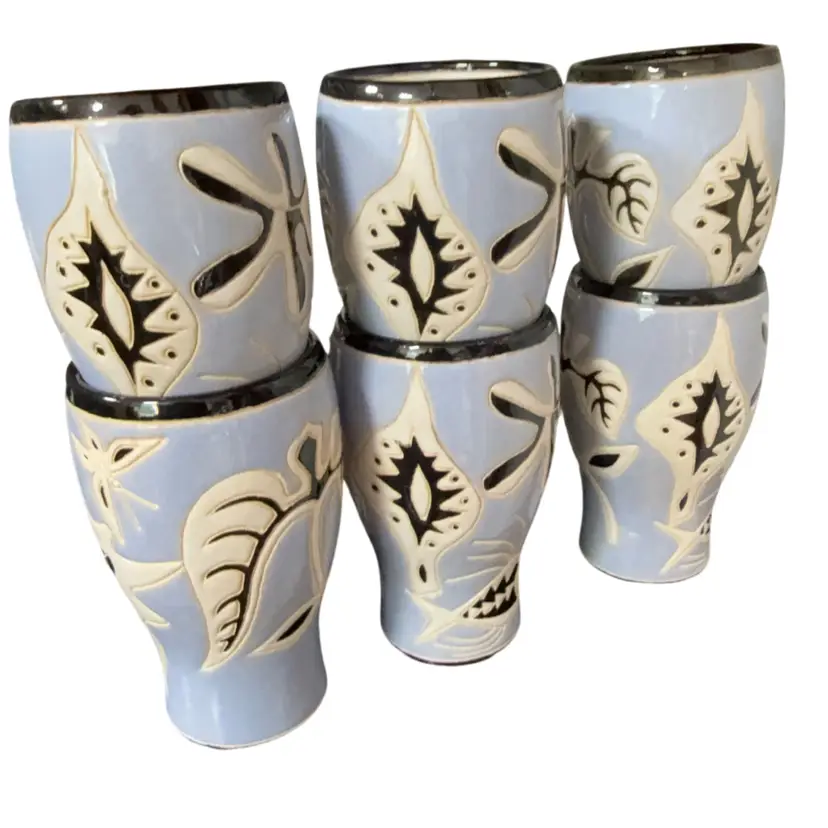 Studio Pottery Set Of 6 Cups Blue Marine Life