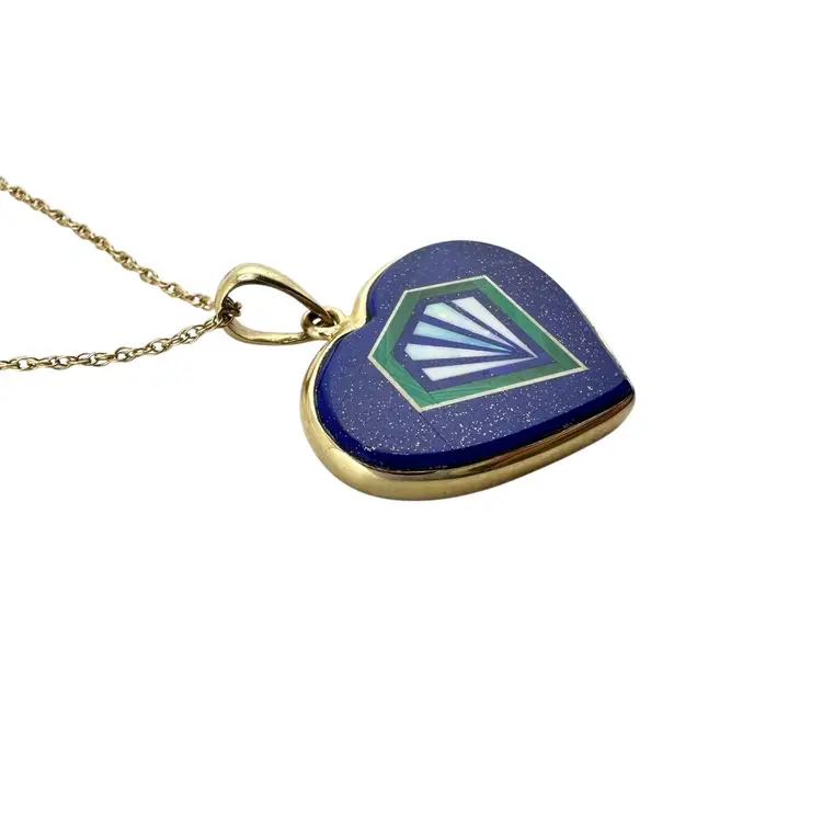 14K Opal Lapis Malachite Intarsia Heart Yellow Gold Pendant 18" Chain Necklace