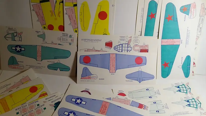 Lot Of (16) Paper Airplane Toys Jack Armstrong Tru-Flite (8) Different US Russian and Japan Designs 1944