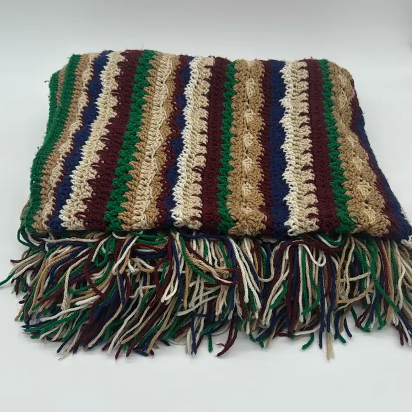Vintage Multicolor Crochet Blanket with Fringe