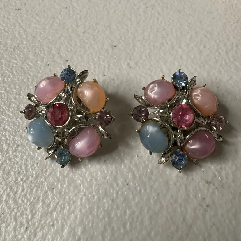 Vintage Pink & Blue Glass Rhinestone & Acrylic Moon Glow Bead Clip On Earrings
