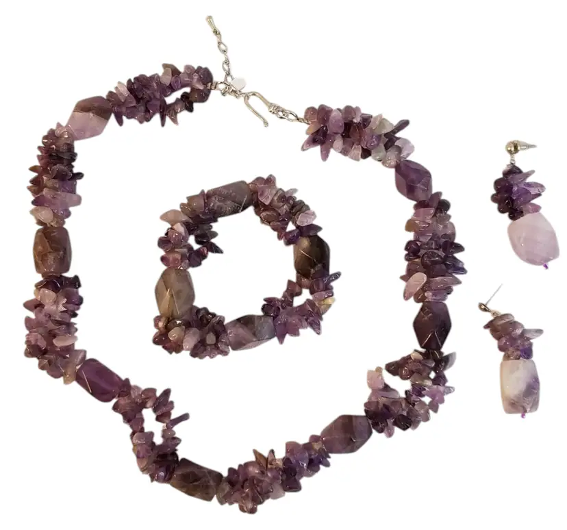 #34 Vintage WG Lind Amethyst 3 Strand Necklace, Bracelet & Earring Set