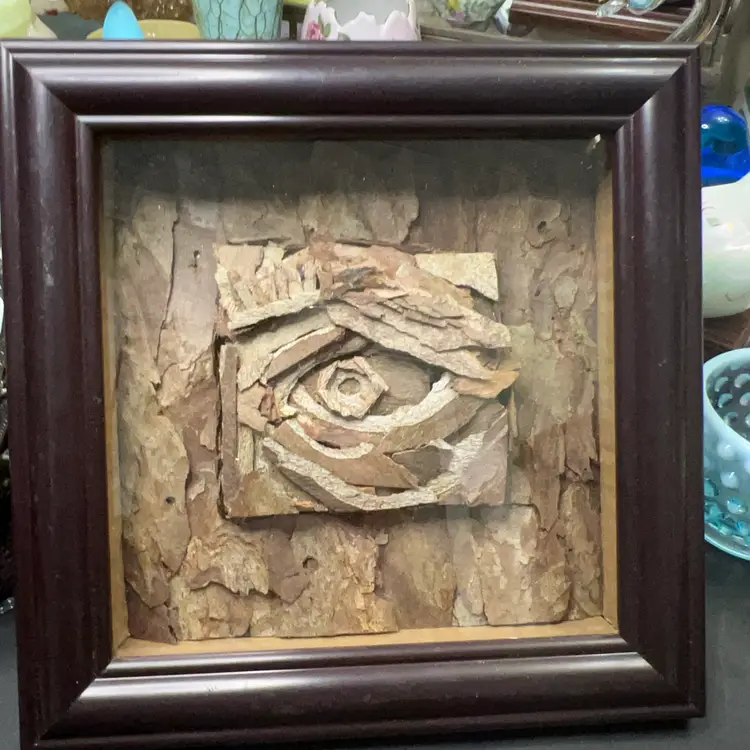“She Will Remember “ , 3D Art Signed Framed Work.  Tree Bark And Paper Mixed Media. 7” Frame.