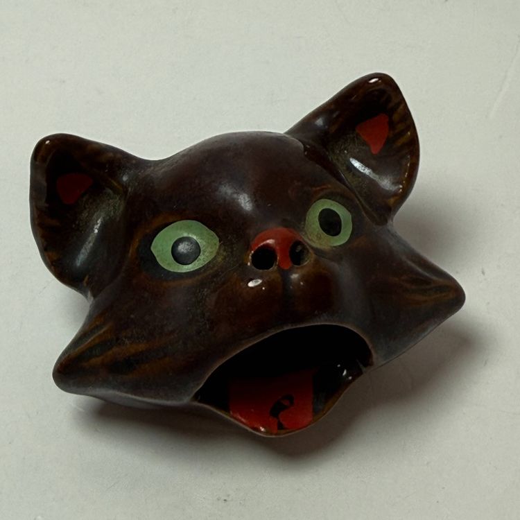 Vintage Redware Pottery Kitty Cat Head Open Mouth Handheld Ashtray Japan Retro