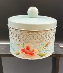 Vintage hand painted metal powder tin/trinket box/candy dish with wood bead handle