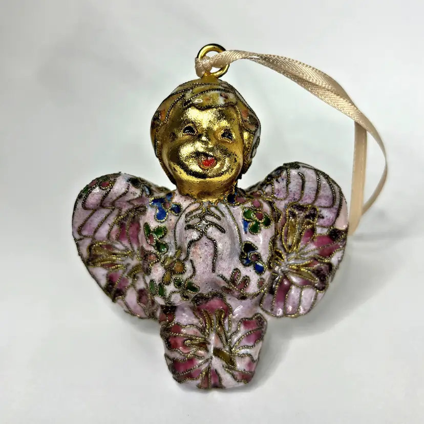 Cloisonne Praying Angel Christmas Ornament Bell Hanging Holiday Cottage Core Vintage
