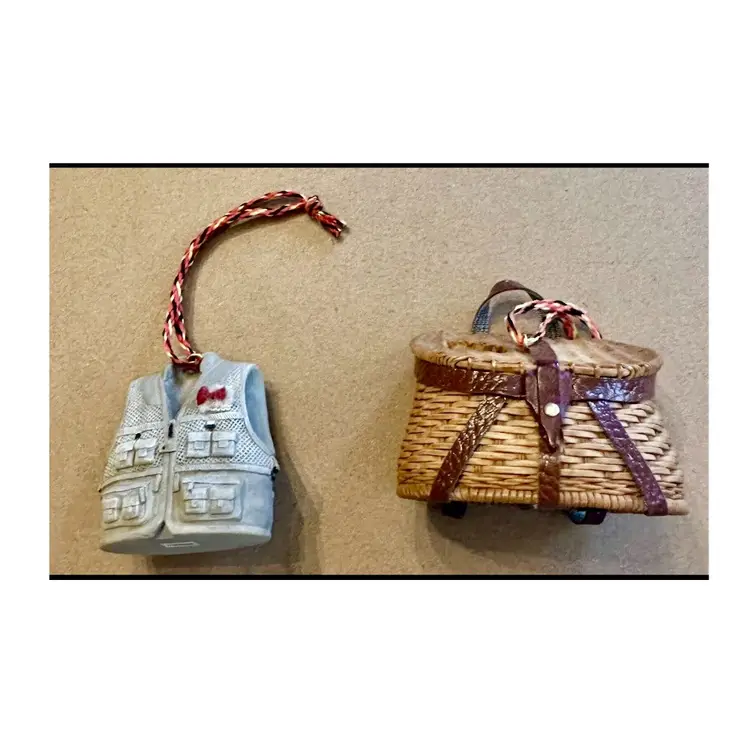 Vintage Outside Inside Resin FISHING VEST & Basket Kreel Christmas Ornaments