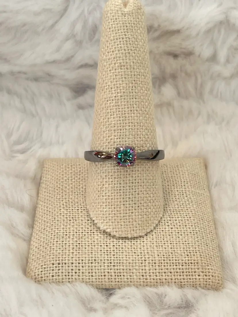 925 Sterling Silver 6mm Round Rainbow CZ Black Rhodium Ring