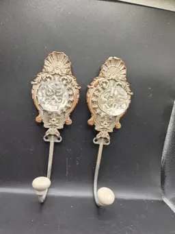 Vintage Ornate Wall Hooks With Clear Glass Accents & Ceramic Ends Set Of 2