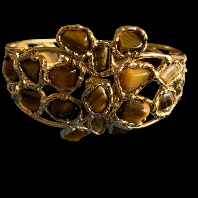 Gold Tone Cuff  Faux Tiger Eye Cuff Bracelet