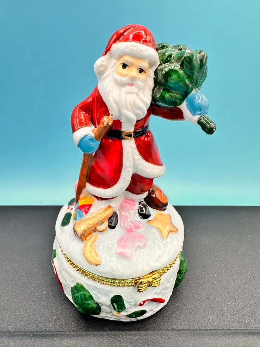 Vintage Ceramic Santa Carrying Christmas Tree Hinge Trinket Box