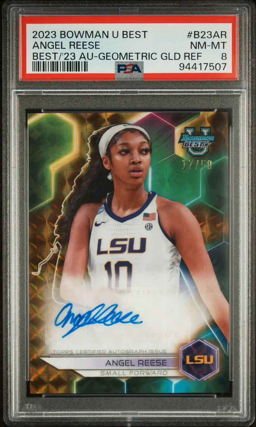 2023-24 Bowman Best U - Angel Reese Geometric Gold Refractor Auto /50 LSU PSA 8