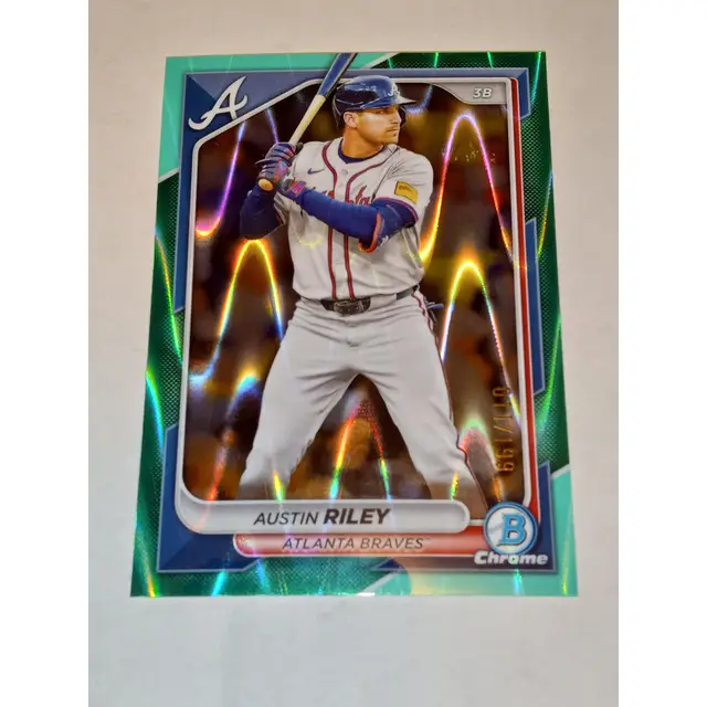 Austin Riley 2024 Bowman Chrome #28 Aqua Ray Wave 011/199 Braves