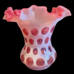Fenton Cranberry Opalescent Glass Coin Dot Vase